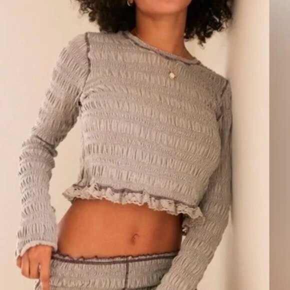Free People Fp One Meriel Smocked Top Ruched Lace Frosted Denim XS - Picture 1 of 6